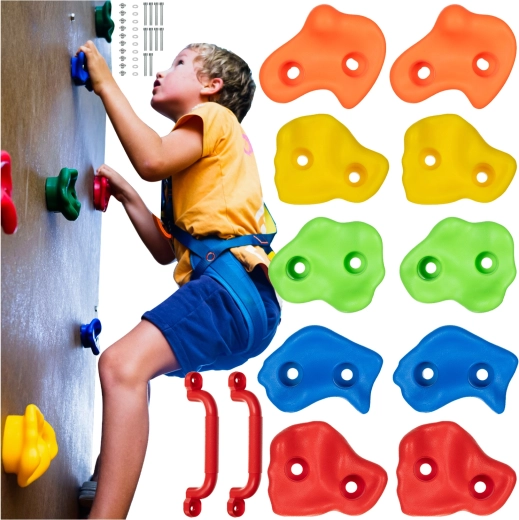 Presas de escalada para niños Kruzzel – set de 12 uds (10 piedras + 2 asas)