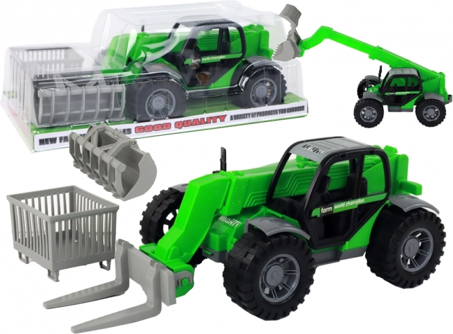 Tractor verde con brazo extensible y accesorios intercambiables