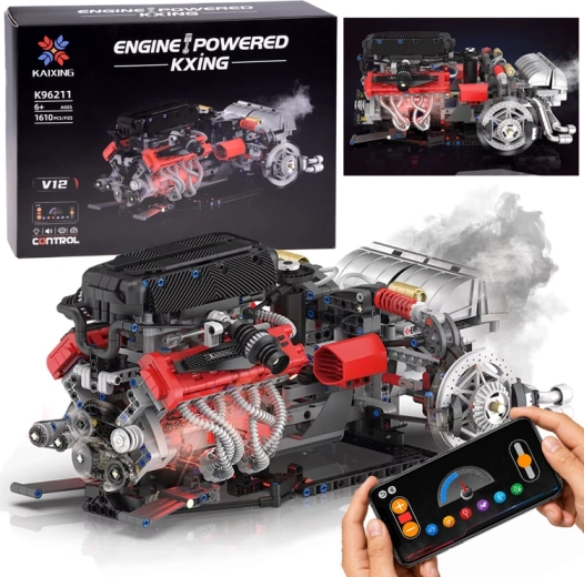 Kit de construcción técnica KXING: monta un motor V12 funcional con generador de vapor, 1610 piezas