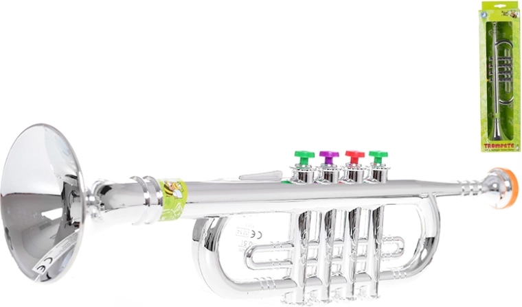 Trompeta infantil de 37,5 cm con acabado plateado y teclas de colores