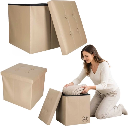 Puf plegable con almacenaje de ecopiel beige 38 × 38 × 36 cm
