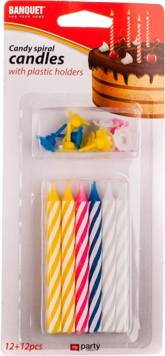 Velas espirales de cumpleaños 8 × 0,7 cm, mix de colores, 12 uds + 12 pinchos