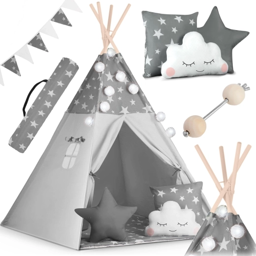 Teepee infantil NUKIDO con luces y guirnalda – gris con estrellitas