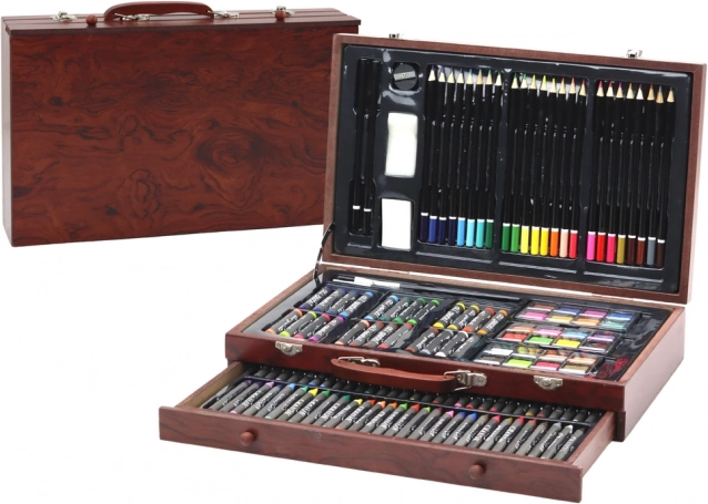 Juego artístico en maletín de madera: lápices de colores, lápices pastel, pinturas