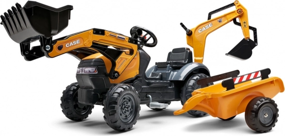 Tractor a pedales CASE con pala delantera, excavadora trasera y remolque desmontable FALK Eco Design