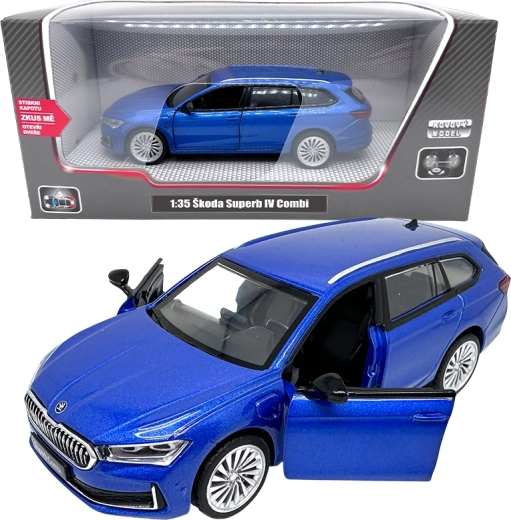 Modelo de metal Škoda Superb IV Combi 1:35 azul con luces y sonidos