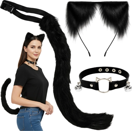 RUHHY disfraz de gato/zorro/lobo - set negro 3 en 1 (cola, orejas, choker)