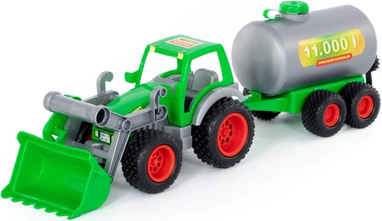 Tractor agrícola con cargador frontal y cisterna