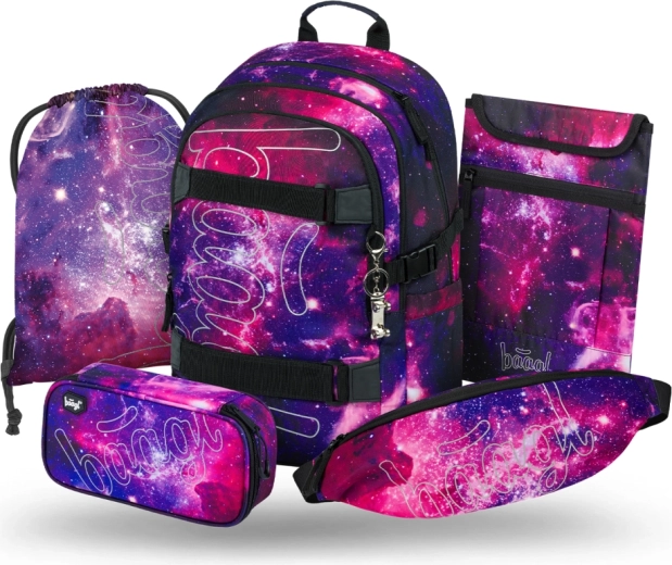 Set escolar Baagl de 5 piezas Skate Galaxy: mochila, estuche, bolsa, riñonera y funda para portátil