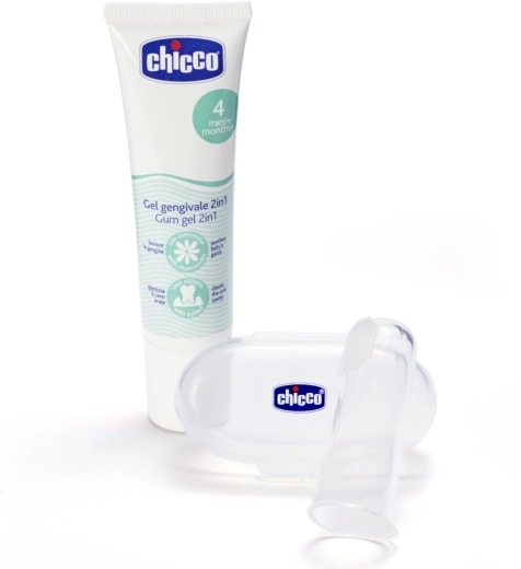 Chicco gel calmante para encías y cepillo de dedo de silicona con estuche para bebés 4m+