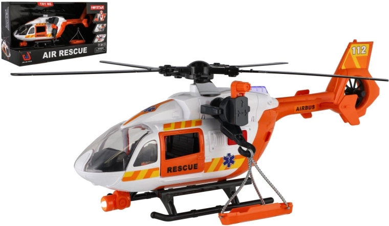 Helicóptero de rescate a pilas con luz, sonido y cabrestante, 32 cm