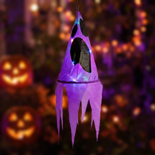 Decoración luminosa colgante de Halloween con forma de fantasma morado y 10 LED de colores