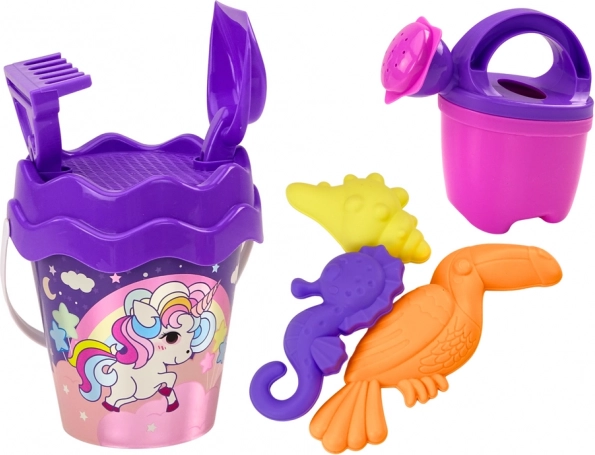 Set de playa infantil con unicornio: cubo, pala, rastrillo, regadera y moldes (morado)
