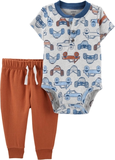 Set de 2 piezas Carter's para niños – body de manga corta y pantalones de chándal Brown Cars Henley – 6m