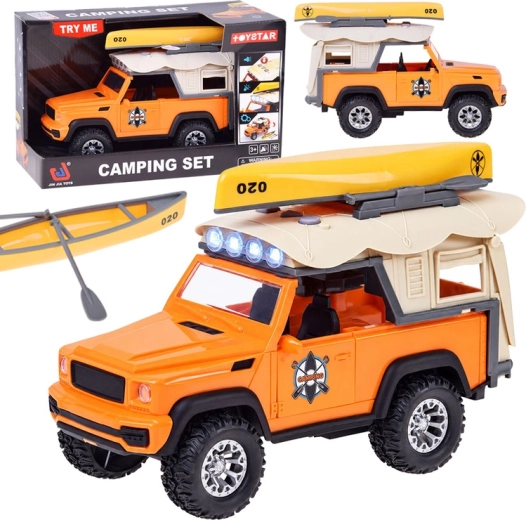 Coche todoterreno de camping con kayak, remos y luces y sonidos