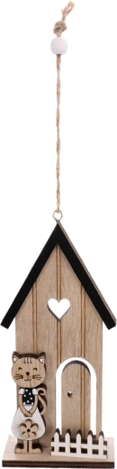 Decoración colgante de madera casita con gato beige