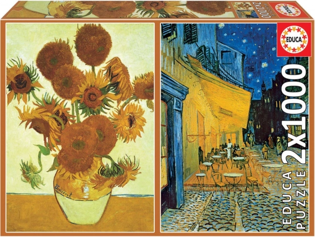 Puzzle Girasoles y Terraza de cafetería por la noche 2x1000 piezas