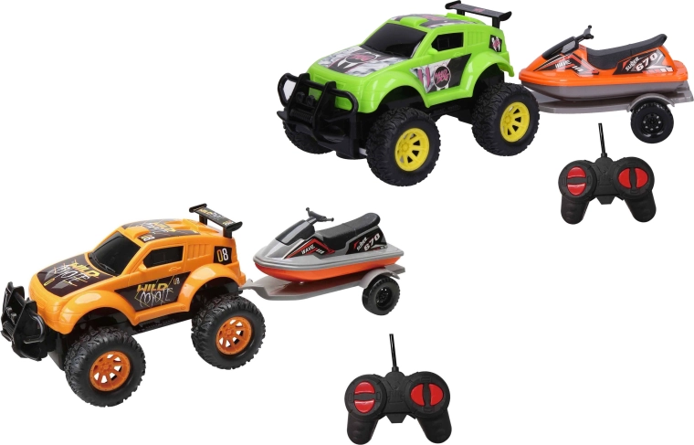 Coche todoterreno RC con moto de agua en remolque