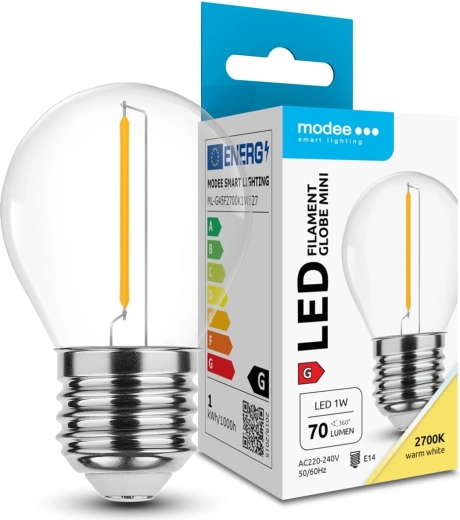 Modee bombilla mini LED de filamento G45 1W E27, blanco cálido 2700K, 70 lm