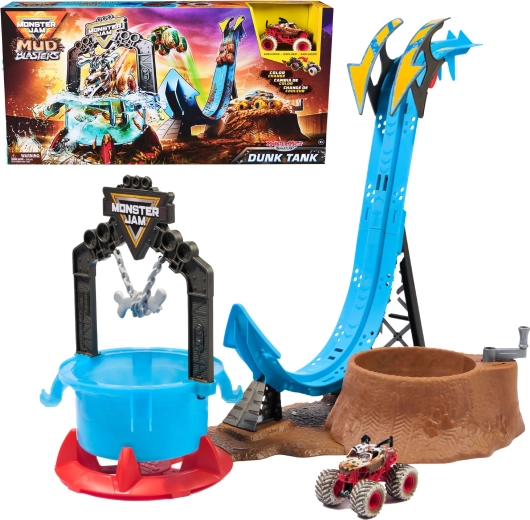 Pista de acrobacias Monster Jam Mud Blasters Monster Mutt Dalmatian con vehículo a escala 1:64
