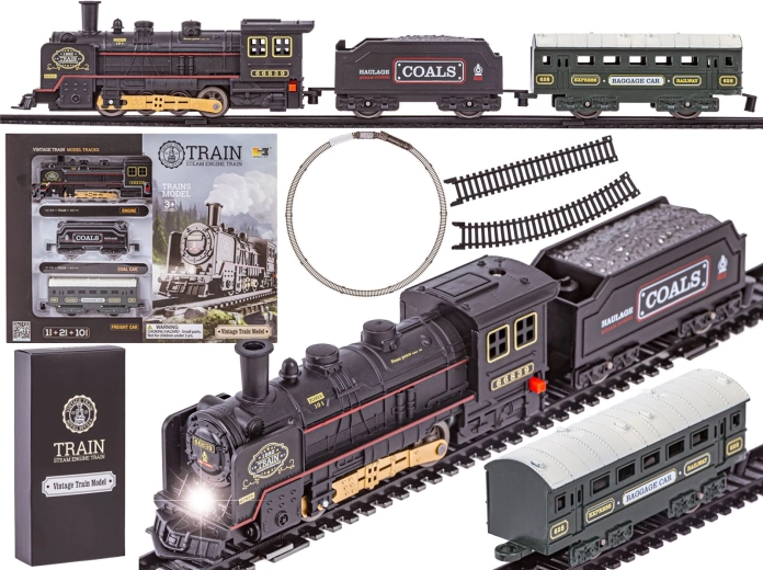 Tren eléctrico con locomotora de vapor, vagón de carbón y coche de pasajeros