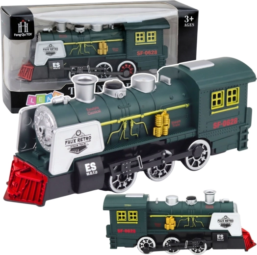 Locomotora de vapor verde clásica con humo, luces, sonidos y sensor de obstáculos