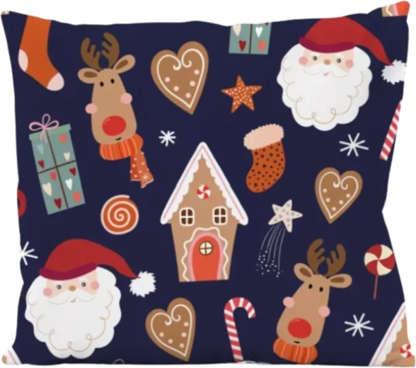 Funda de cojín navideña Santa Claus y renos azul marino 45 × 45 cm
