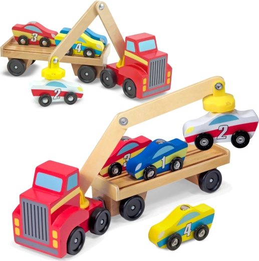 Melissa & Doug grúa de madera con brazo magnético y cochecitos