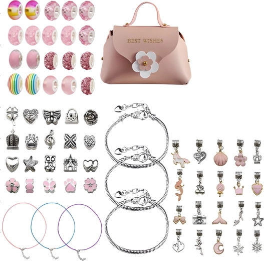 Set para hacer joyas y pulseras con colgantes en tonos rosas + neceser (66 piezas)