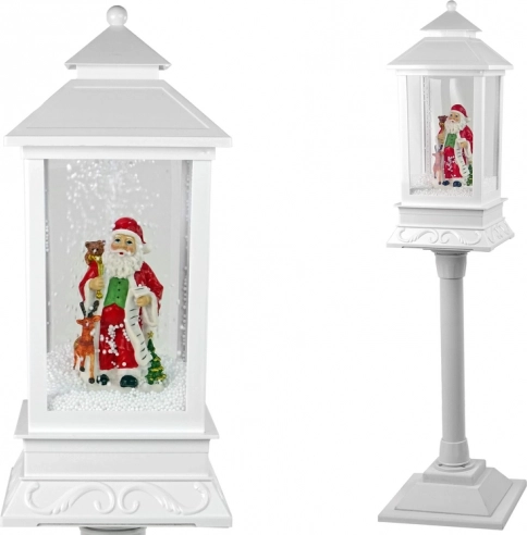 Lámpara decorativa navideña – farol blanco con SANTA, luz y nieve cayendo
