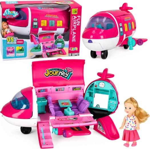 Avión de viaje plegable para muñecas 2 en 1 con muñeca y accesorios, rosa