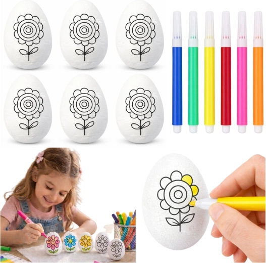 Huevos de Pascua de poliestireno para colorear con rotuladores, diseño floral - 6 unidades