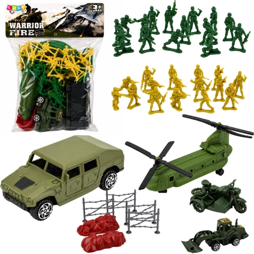 Set de juego militar con soldaditos, vehículos y helicóptero (58 piezas)