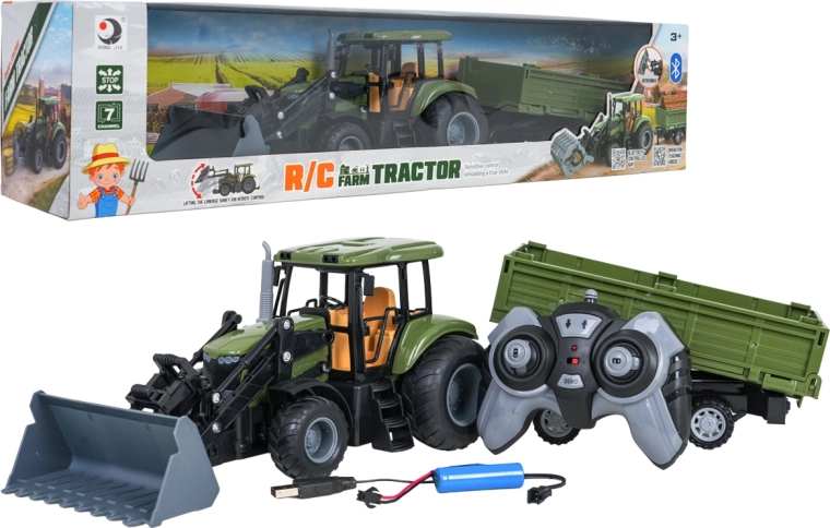 Tractor RC verde con cargador frontal y remolque a escala 1:20