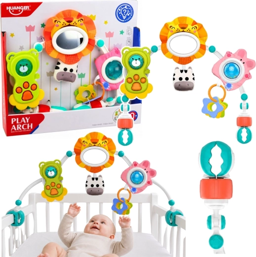 Arco de juego sensorial con leoncito para cochecito, cuna y silla de coche