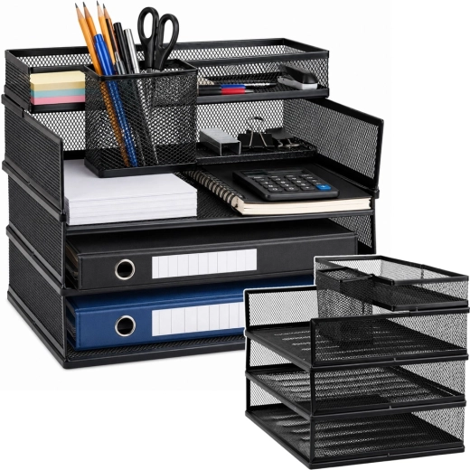Organizador de oficina metálico multinivel para documentos y accesorios, negro