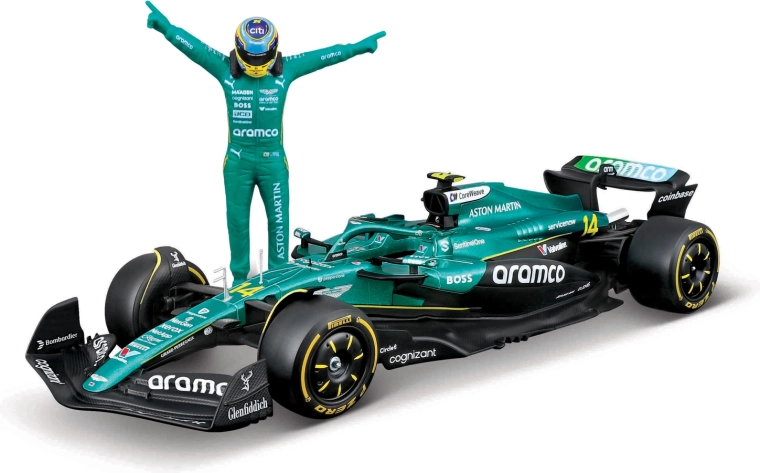 Modelo de Fórmula 1 Bburago Aston Martin AMR25 2025 con figura del piloto Fernando Alonso (n.º 14) 1:24