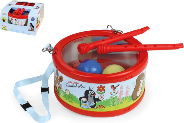 Tambor infantil de hojalata Krtek 21 cm con baquetas