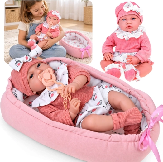 Muñeca bebé parlante con portabebés, 45 cm