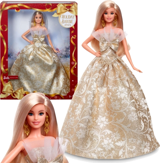 Muñeca coleccionable Barbie Signature Holiday Joyeux Noel con vestido dorado