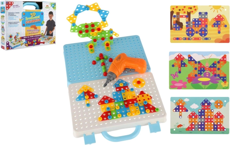Kit de construcción creativo 3D para atornillar en maletín con taladro y plantillas