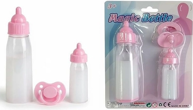 Set rosa para muñecas: 2 biberones y chupete