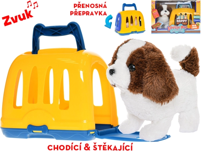 Perrito de peluche en transportín que camina y ladra 19 cm