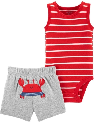 Set de verano Carter’s para niño: body tipo camiseta sin mangas y pantalón corto Red Stripe Crab, talla 56