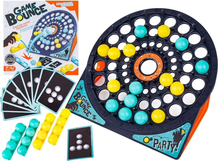 Juego familiar de habilidad Bounce game con diana, cartas y pelotas