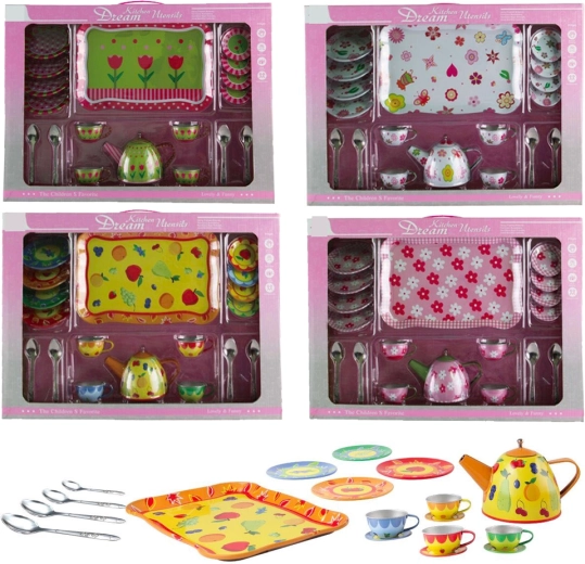 Juego infantil de té de hojalata con estampado, 19 piezas