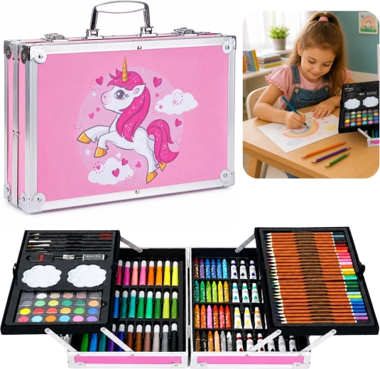 Set artístico infantil de unicornio en maletín rosa (150 piezas)