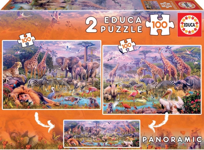 Puzzle panorámico de animales salvajes 2×100 piezas EDUCA