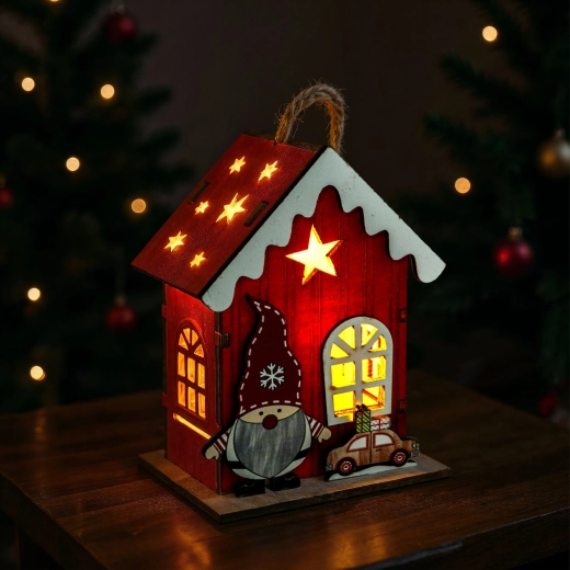 Decoración LED navideña de madera con forma de casita y duende, roja - 1 unidad