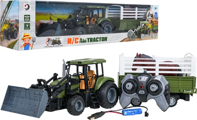 Tractor verde teledirigido con cargadora, remolque y caballo a escala 1:20